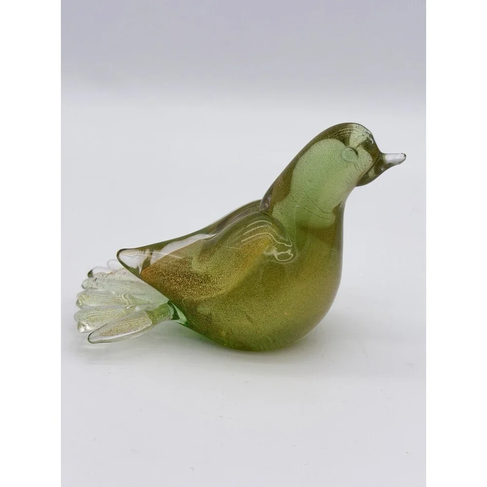 Formia Murano Italy Art Glass Green & Gold Flecked Bird Hand Blown Figurine